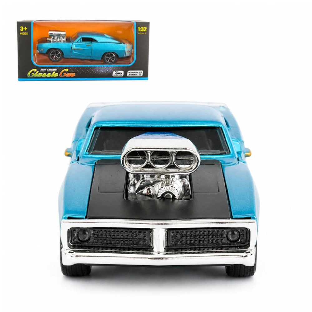 Metallic Blue Muscle Car with Supercharged Engine – 1:32 Die-Cast Model